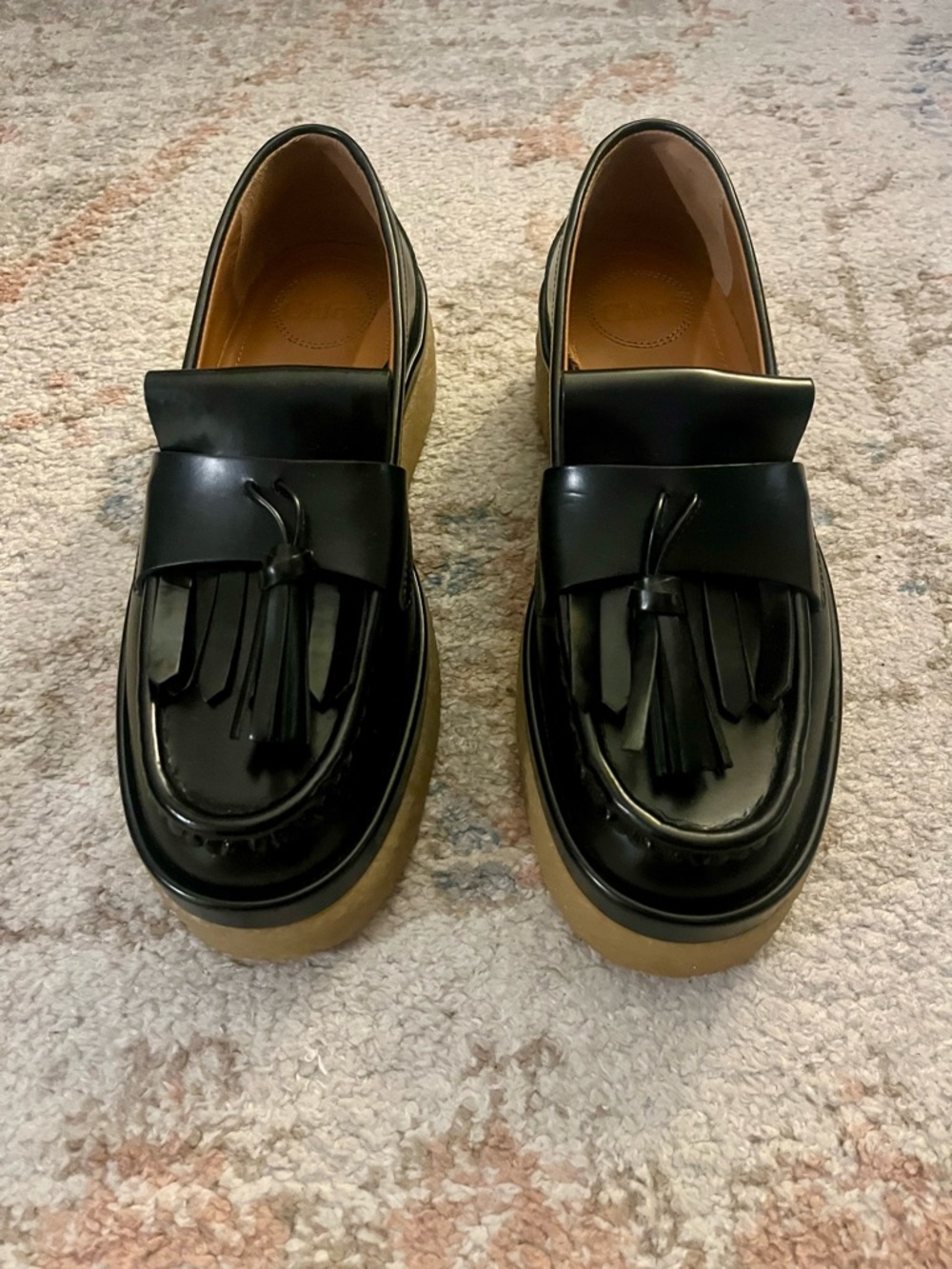 Chloe Black Patent Tassel Platform Loafers with Gum Sole
